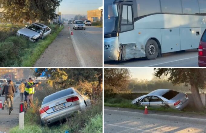 Fier, autobusi përplaset me një “Audi”, mjeti përfundon në kanal